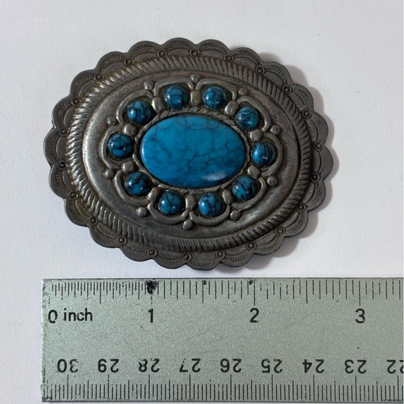 Vintage Belt Buckle Faux Turquoise Western Southwestern Boho Silver Metal Oval - Picture 3 of 4